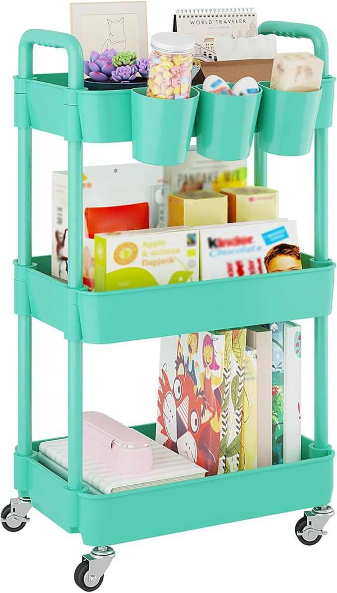 UDEAR 3-Tier Rolling Utility Cart,Multifunctional Storage Shelves with Handle and Lockable Wheels for Room,Office,Kitchen,Bathroom,with 3 Hanging Cups,Green-Ruum Studio Home