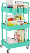 UDEAR 3-Tier Rolling Utility Cart,Multifunctional Storage Shelves with Handle and Lockable Wheels for Room,Office,Kitchen,Bathroom,with 3 Hanging Cups,Green-Ruum Studio Home