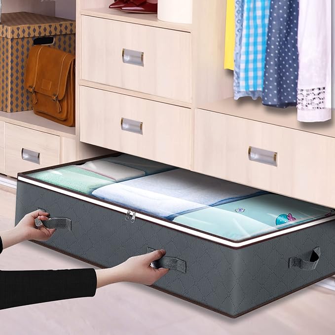 90L Under Bed Storage Containers, Large Capacity Underbed Storage Bags Organizer, Thick Fabric Storage Bins with Clear Window and Reinforced Handles for Blanket Comforter Bedding Clothes, 8 Pack-Ruum Studio Home