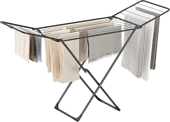 SONGMICS Clothes Drying Rack, Metal Laundry Drying Rack, Foldable, Space-Saving, Free-Standing Airer, with 2 Gullwings, Indoor Outdoor Use, Bed Linen Clothing, Black ULLR540B01-Ruum Studio Home