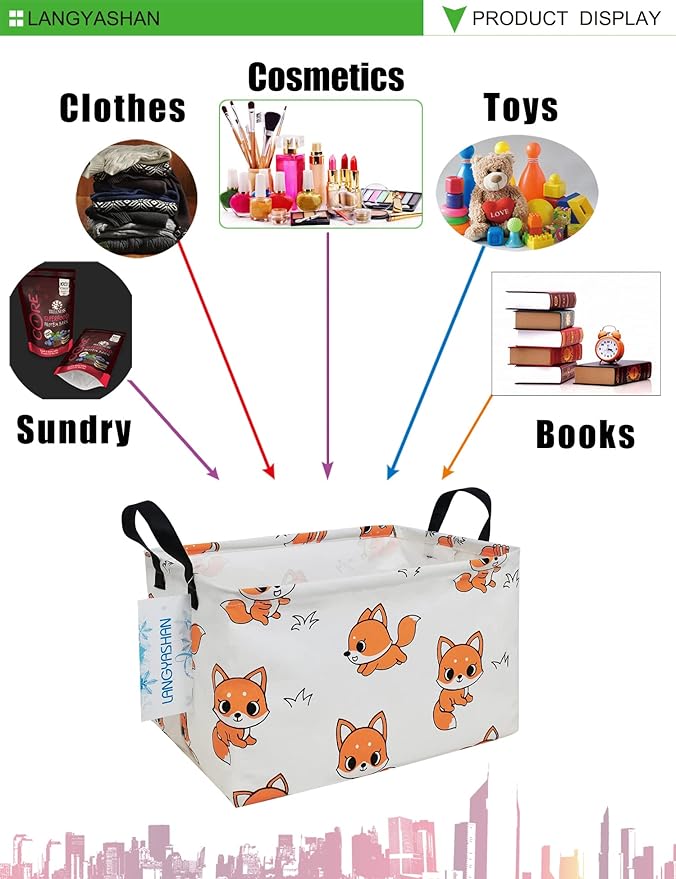 LANGYASHAN Rectangular Storage Bin Collapse Canvas Fabric Cartoon Storage Basket with Handles for Organizing Home Kitchen Boys and Girls Toys Office Closet Shelf Baskets(Rec Fox)-Ruum Studio Home