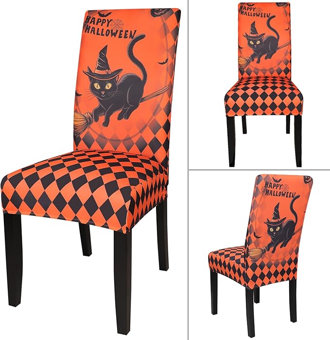 JQinHome Orange Halloween Chair Slipcover,Cat Chair Covers Set of 6, High Stretch Washable Chair Protector Cover for Dining Room, Kitchen,Home Party,Wedding Ceremony(Cat Orange,6PC)-Ruum Studio Home
