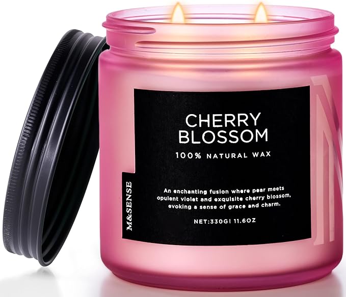 M&SENSE Cherry Blossom Scented Spring Candle, 70 Hours Long Lasting Soy Wax 11.6oz Stress Relief Aromatherapy Candles, Romantic Gifts for Women, Glass Jar for Bedroom Decor-Ruum Studio Home