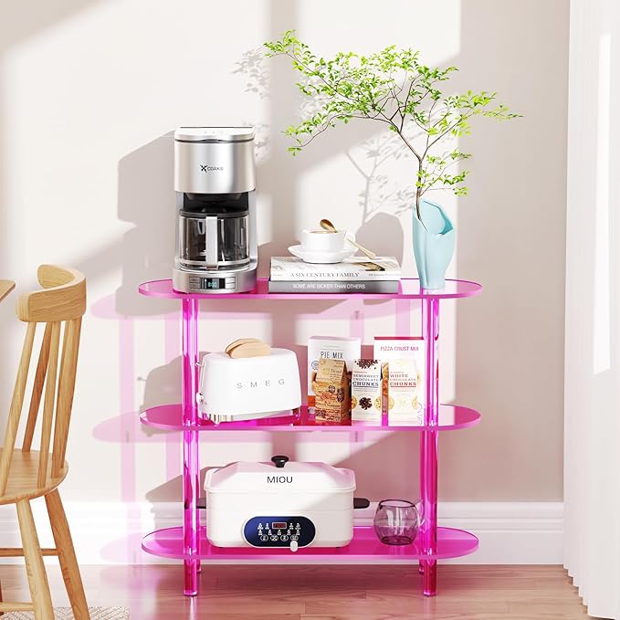 Clear Bookshelf, Acrylic Bookcase with Open Book Shelf Console Table for Entryway Office (3 Tier Pink)-Ruum Studio Home
