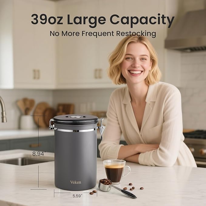Veken Coffee Canister, 39OZ Large, Airtight Stainless Steel Food Storage Container for 2.2lbs Coffee Beans, Ground, Sugar, Tea, Flour, Rice, Cereal, Cookies Jars, Bar Accessories & Gifts, Gray-Ruum Studio Home