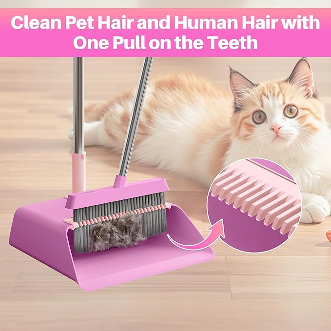 JOYMOOP Pink Broom and Dustpan Set, Upright Angle with Built-in Comb Teeth for Kitchen, Lobby, Pet Hair and Hard Floors-Ruum Studio Home