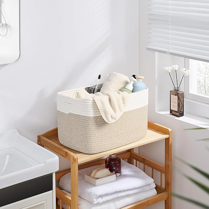 Shelf Baskets for Organizing, Woven Storage Basket for Shelves, Cotton Rope Storage Bins for Toys Books, Nursery Towel Baskets for Classroom, 14.96"X9.8"X8.85", 3-Pack White/Brown-Ruum Studio Home