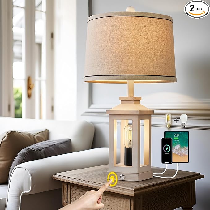 23.75" Retro Farmhouse USB C+A Ports Table Lamp with 3 Way Dimmable Touch Control White Nightlight Vintage Modern Lamp for Living Room Bedroom with 2 Light Sources-Ruum Studio Home