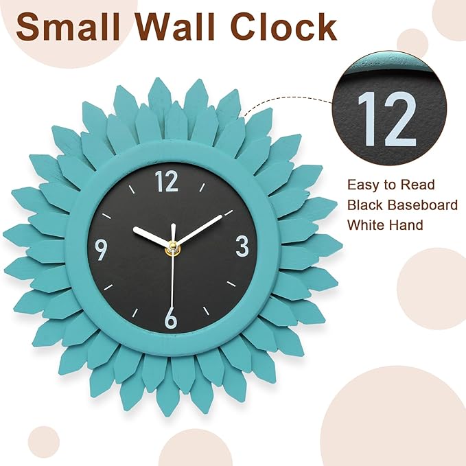 Honiway Wall Clock Battery Operated 12 Inch Rustic Wood Beach Sunburst Decorative Wall Clock Silent Non-Ticking Coastal Wall Decor Clocks for Living Room Kitchen Bathroom Bedroom (Cyan)-Ruum Studio Home