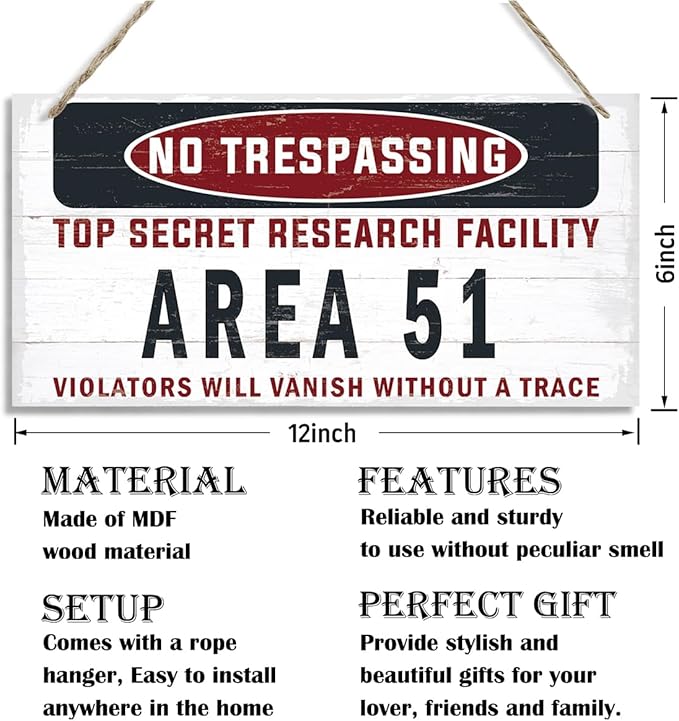 Warning Sign, Area 51 No Trespassing Warning Wood Plaque Sign, Funny Door Signs, Decorative Wood Hanging Suspension Plaque, Farmhouse Wooden Wall Decor-Ruum Studio Home