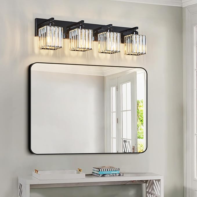 Modern Bathroom Vanity Light 4-Lights Plating Black Crystal Bathroom Wall Light Vanity Light Fixtures-Ruum Studio Home