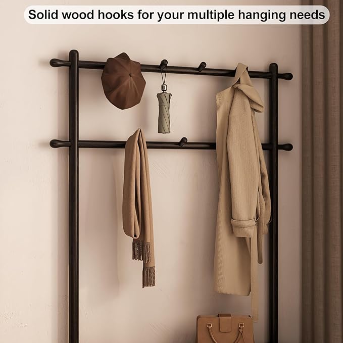 Coat Rack with Shoe Storage, Wooden Hall Tree with Bench, 11 Hooks and 2-Tier Storage Shelves, 3-in-1, Entryway Bench with Coat Rack (39.3"-Black)-Ruum Studio Home