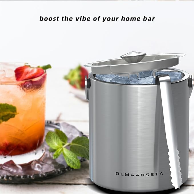 Small Ice Bucket with Lid and Tongs,1.3L Portable Mini Double Walled Ice Cube Bucket for Cocktail Bar Stainless Steel Cute Insulated Ice Buckets for Parties-Ruum Studio Home