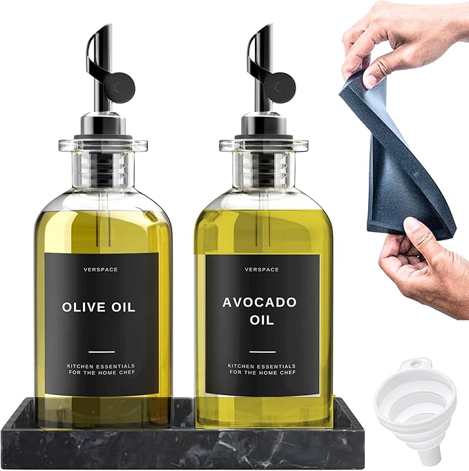 Olive Oil Dispenser Bottle For Kitchen With Silicone Tray & 40 Labels, Soy Sauce Dispenser, Coffee Syrup Dispenser, Olive Oil Bottles Set Of 2, Black-Ruum Studio Home