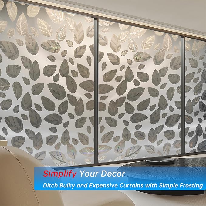 Window Privacy Film with Installation Tools, Static Cling, Anti UV, Heat Control, Ideal for Home Shower Office Glass Door (Leaf White (Glue-Free), 23.6X196.9Inch)