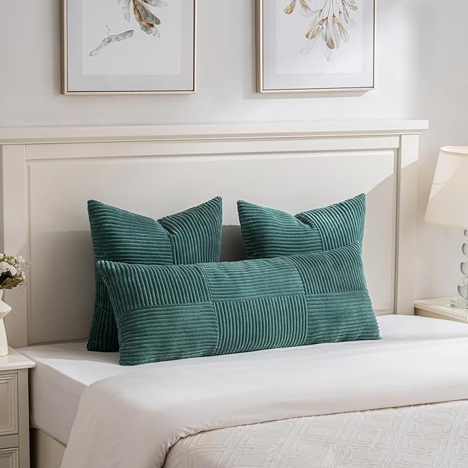 Fancy Homi Set of 2 Teal Boho Long Lumbar Body Decorative Throw Pillow Cover 14x36 Inch for Bed Couch Bedroom Bench, Soft Patchwork Corduroy Textured Pillow Case, Rustic Farmhouse Room Décor-Ruum Studio Home