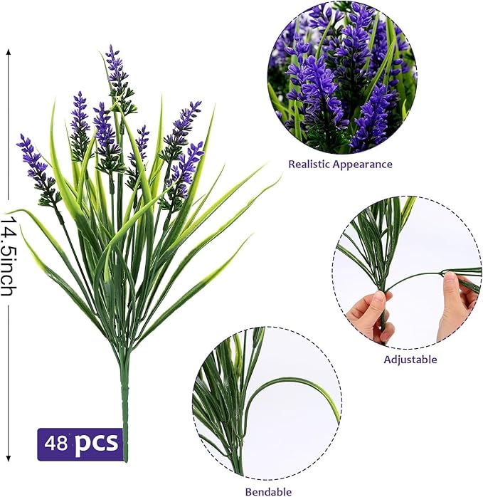 Geegoods 48 Bundles Artificial Plants Flowers Outdoor – Faux Lavender Flowers with Monkey Grass UV Resistant Plastic Faux Plants for Garden Porch Window Patio Hanging Planter Home Decor-Ruum Studio Home