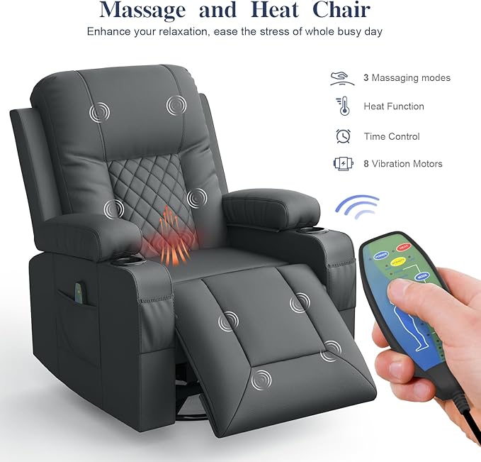Recliner Chairs for Adults, Massage Rocker with Heated Modern Ergonomic Lounge 360 Degree Swivel Single Sofa Seat Living Room Lounge Recliners Gray-Ruum Studio Home