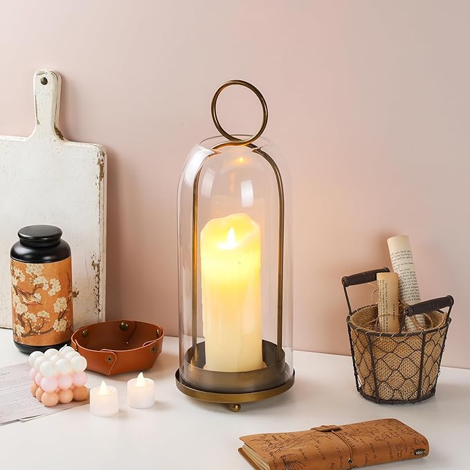 16" High Versatile Modern Metal Hurricane Lantern with Handmade Sturdy Glass Dome for Pillar Candle & Plants (Brass, 6.3"x16.5")-Ruum Studio Home