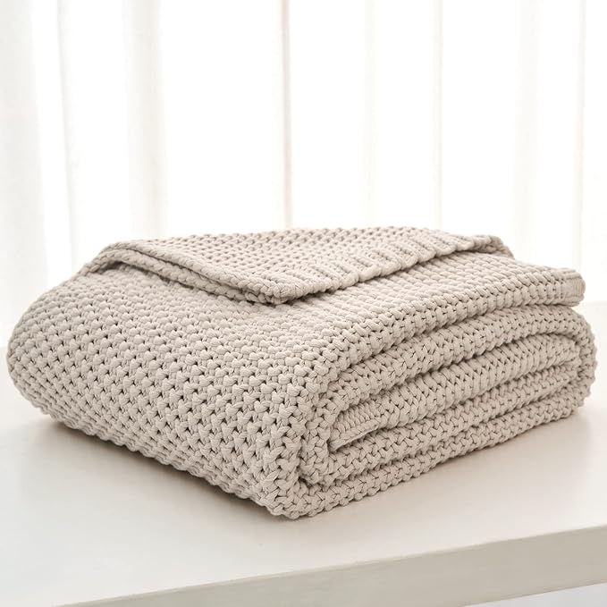 Longhui bedding Chunky Cable Knit Throw Blanket Lightweight Beige 100% Organic Cotton Blanket for Sofa Couch Bed Baby Nursery, Rustic Shabby Chic Modern Farmhouse, 51” x 63” Give Laundering Bag-Ruum Studio Home