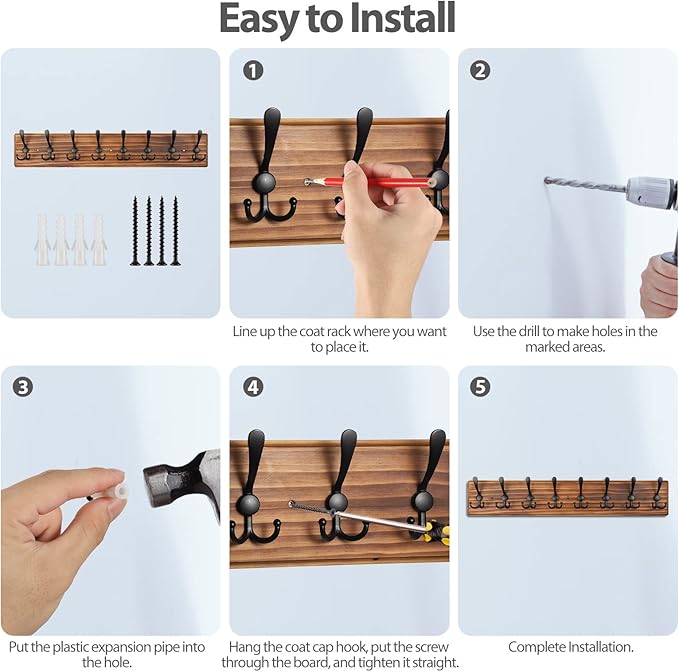 Coat Rack Wall Mount, Wooden Heavy Duty Coat Rack for Wall,8 Triple Coat Hanger Hooks for Hanging Coats,Jacket,Hat,Clothes (Brown, 8 Hooks)-Ruum Studio Home