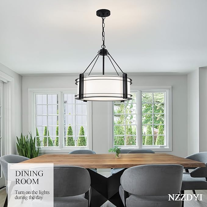 16.3''Black Drum Chandelier 3-Light Modern Farmhouse Chandelier with White Fabric Shade Adjustable Drum Pendant Light Fixture for Dining Room Kitchen Island Hallway Living Bedroom-Ruum Studio Home