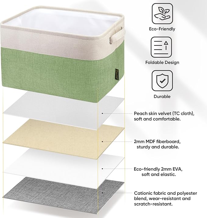 BALEINE 3 Pack Fabric Storage Bins for Shelves, Linen Storage Baskets for Organizing, Decorative Closet Bins for Clothes, Home (Green, 15''x11''x9.5'')-Ruum Studio Home