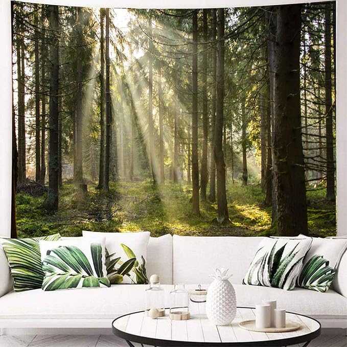Onivein Forest Tapestry Nature Sunlight Streaming Through Green Trees Wall Hanging for Bedroom Living Room Office Decor 90 x 70 Inches-Ruum Studio Home
