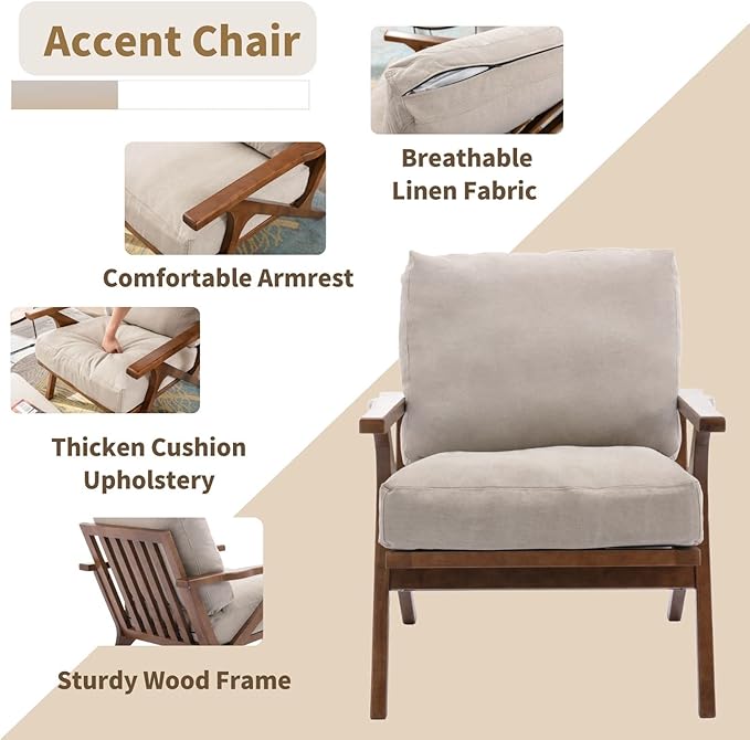 HNY Mid Century Chair, Faux Leather Upholstered Accent Armchair with Wood Frame and Canvas Cushions, Leisure Reading Chair Slipper Chair for Living Room, Bedroom, Beige-Ruum Studio Home