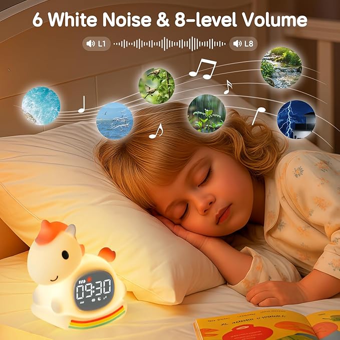 Cute Alarm Clock for Kids with Night Light, Sleep Training Clock Time to Wake Clock, Rechargeable Silicone Light for Bedroom, Perfect Sleep Companion for Boys Girls, Pink Pony-Ruum Studio Home