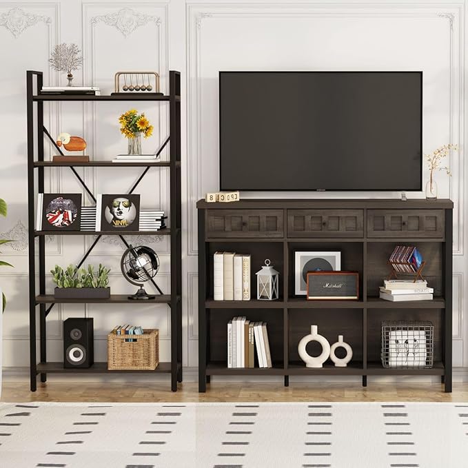 FATORRI Rustic 6 Cube Storage Organizer Bookshelf with 3 Drawers, Short Low Horizontal Bookshelf for Living Room, Industrial Wood and Metal Cubby Bookcase for Home Office (Walnut Brown, 47 Inch)-Ruum Studio Home