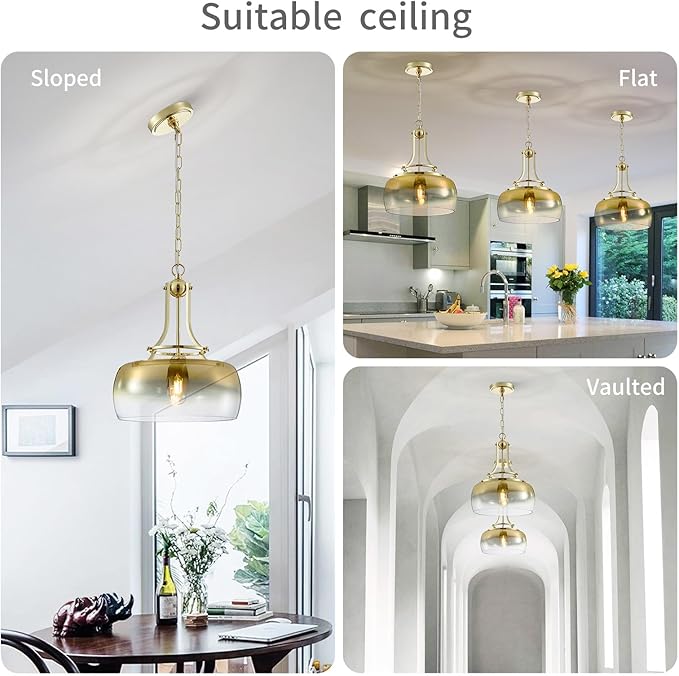 WUZUPS Gold Chandelier Rustic Farmhouse Industrial Round Ceiling Pendant LED Light Fixture with Gradient Glass Shade for Dining Room Kitchen Island Foyer Entryway, H 17" W 13.4", E26 Base-Ruum Studio Home