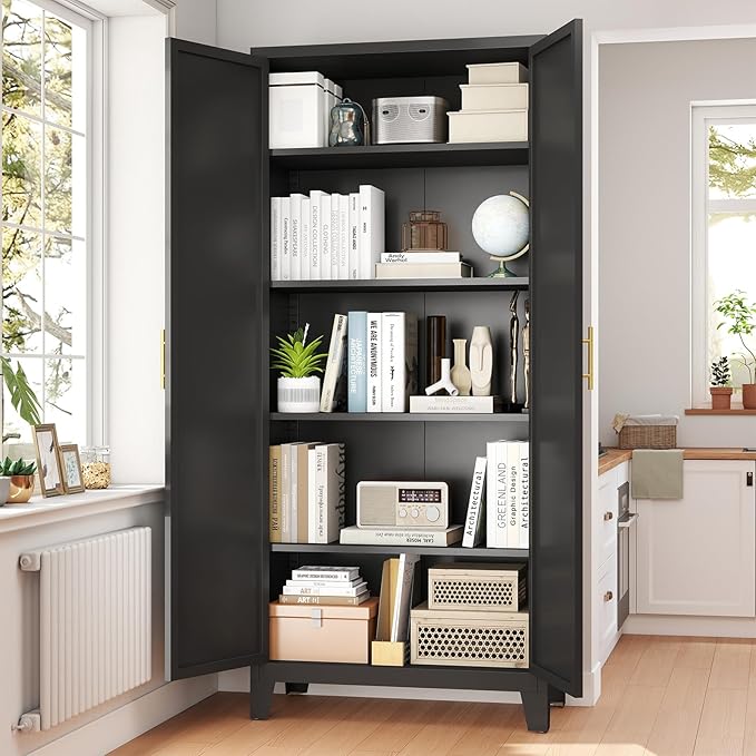 70.87" H Metal Kitchen Pantry Cabinet, Freestanding Cupboard with 2 Doors and 4 Adjustable Shelves, Tall Metal Storage Cabinet for Kitchen, Bathroom, Dinning Room or Laundry Room （Black）-Ruum Studio Home