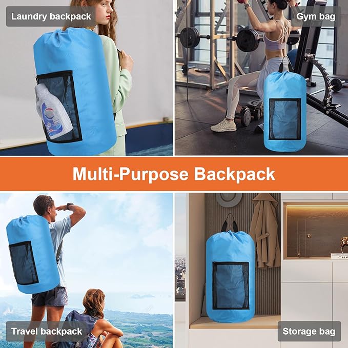 Femuar Laundry Bag Backpack Durable Laundry Bag with Shoulder Straps and Mesh Pockets Portable Laundry Dirty Clothes Hamper Bag for College Dorm (Blue)-Ruum Studio Home
