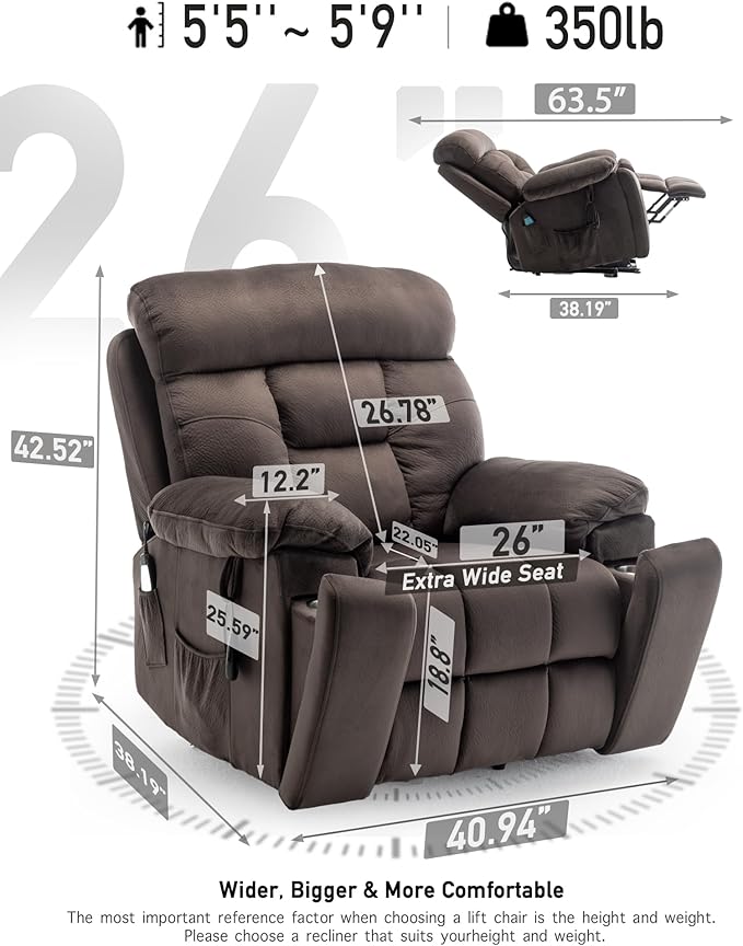 Large Power Lift Chairs Recliners for Elderly with Heated and Massage, Lazy Boy Recliner Chair with 26in Extra Wide Seat, Hidden Cup Holder, Side Pocket-Ruum Studio Home