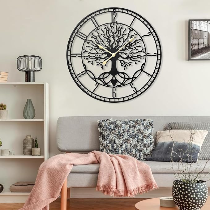 Tree of Life Wall Clock – Elegant 24-Inch Oversized Metal Farmhouse Decor for Living Room, Modern Battery Operated Wall Clock with Silent Operation-Ruum Studio Home