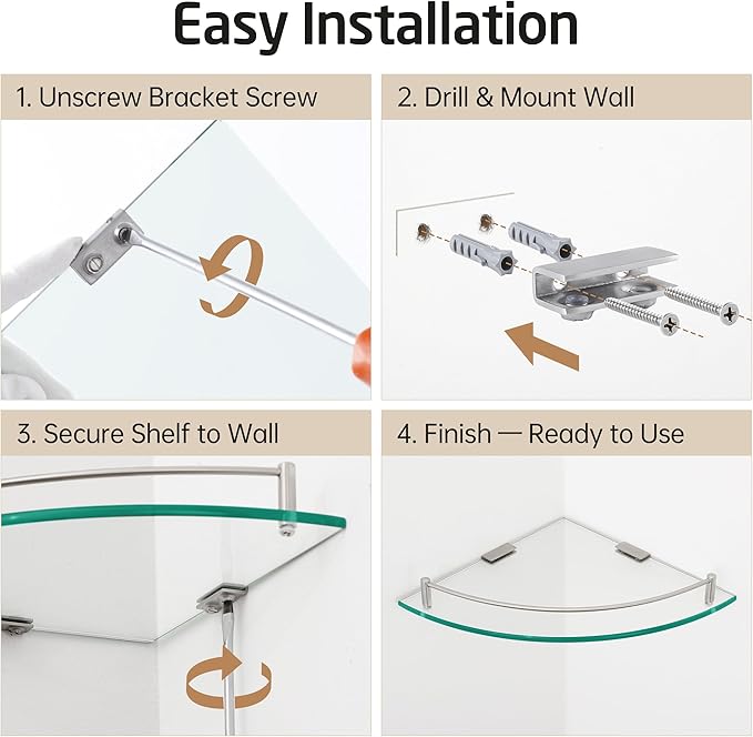 KES Glass Corner Shelf for Bathroom Corner Shelf 2 Pack Tempered Glass Shelf with Rail SUS 304 Stainless Steel Wall Mounted Brushed Finish, BGS2101A-2-P2-Ruum Studio Home