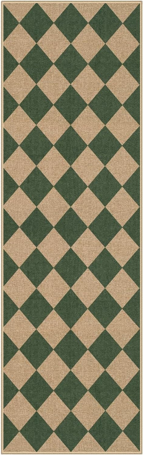 Lahome Checkered Kitchen Runner, 2x8 Easy Jute Runner Rug for Hallway Entryway, Farmhouse Indoor Outdoor Non Slip Non Shedding Green Carpet for Laundry Bedroom Porch Corridor-Ruum Studio Home
