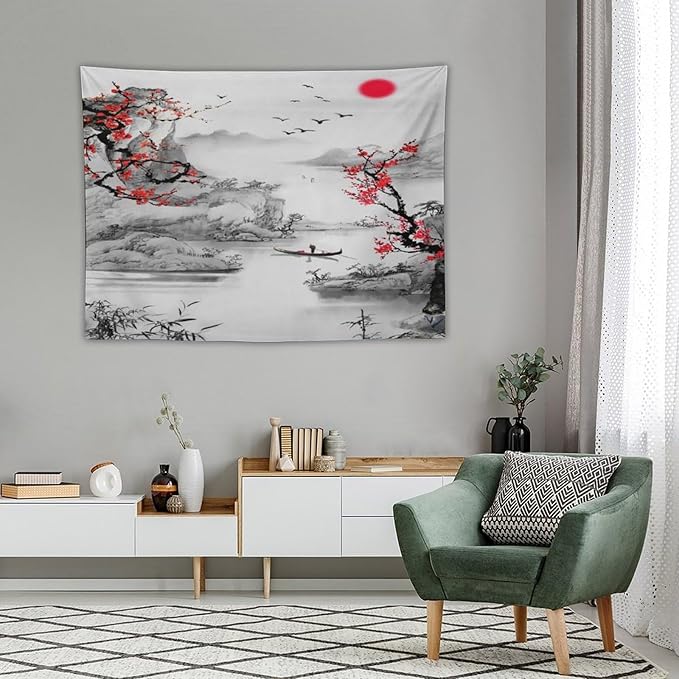 Cherry Blossoms Tapestry, Japanese Red Landscape Watercolor Abstract Art, Asian Japanese Wall Tapestry, Nature Landscape Tapestries for Bedroom Living Room Decor 40"x30"-Ruum Studio Home