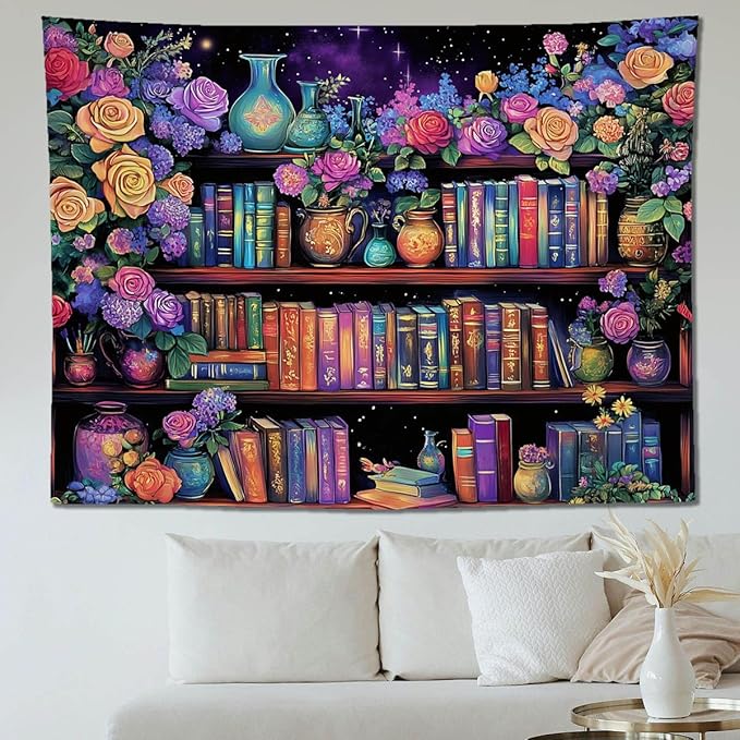 keowhsf Pink Purple Flower Bookshelf Wall Tapestry Colorful Tapestries for Bedroom Aesthetic Floral Tapestry Wall Hanging Cute Girl Bedroom Decor-Ruum Studio Home