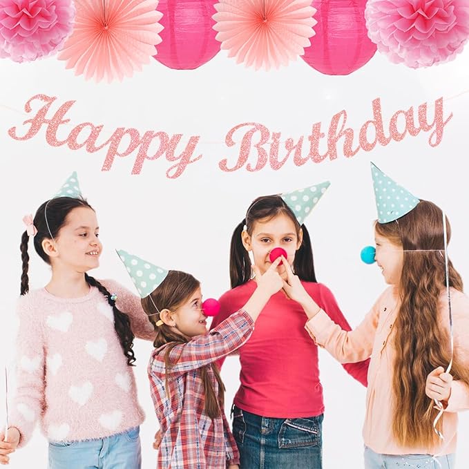 Hot Pink Birthday Party-Decorations Paper-Flowers - 14pcs Happy Banner Girl Lanterns Tissue Pom Poms,Women Streamers Garland Fans,21st 18th Princess Baby Sweet 16 Pretty Hanging Supplies Decor Hugfond-Ruum Studio Home