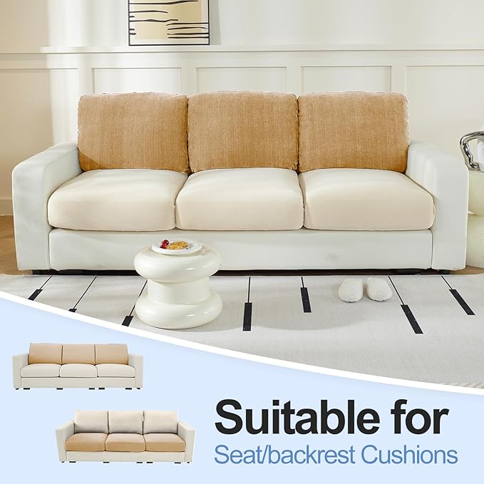 Large Backrest Cushion Covers Super Stretch Backrest Covers for 3 Cushion Couch Sofa, Couch Back Cushion Covers Featuring with Chenille Yarn (Softer Version, 3PC, Khaki)-Ruum Studio Home