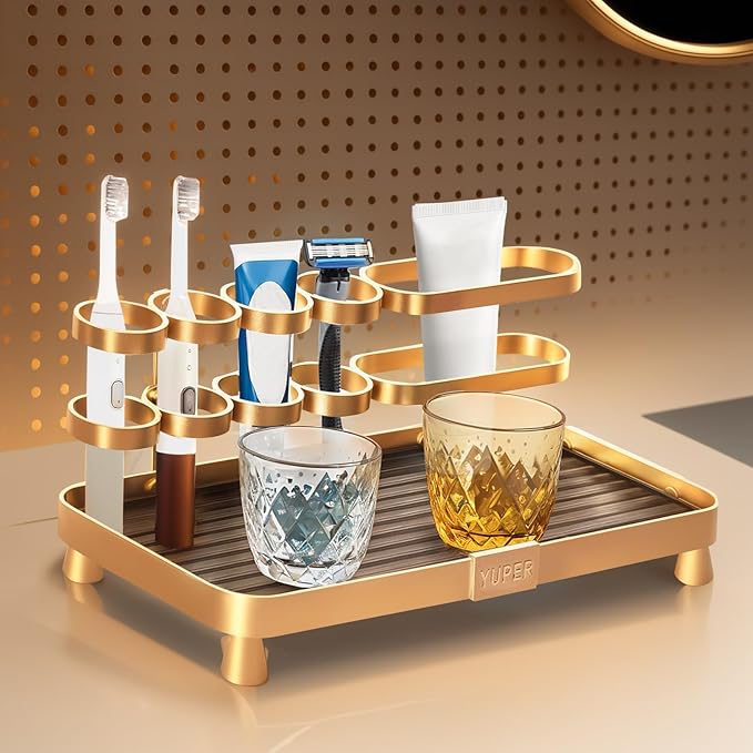 YUPER Bathroom Counter Organizer, Bathroom Organizers with Toothbrush Holder, Makeup Storage Shelf Vanity Tray Perfume Organizer, Bedroom Bar Corner Counter Storage Sink Shelf Gold-Ruum Studio Home