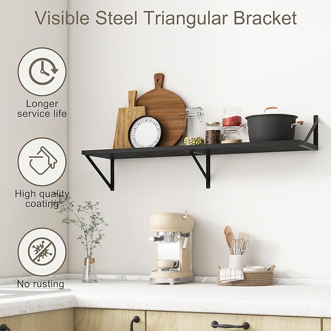 Fun Memories 40 Inch Floating Shelves, 10 Inch Deep Wall Shelf, 40 x 10 Floating Shelf Set of 2, Black Wood Floating Shelf Wall Mounted, Large Kitchen Living Room Bedroom Storage Shelves-Ruum Studio Home