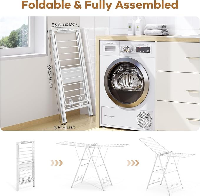 APEXCHASER Drying Rack for Clothing Foldable, Metal Laundry Rack Collapsible, Ultra Thin Gullwing Clothes Airer with Adjustable Height for Towel Baby Clothes Indoor Outdoor Laundry Room, White-Ruum Studio Home
