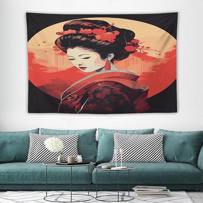Japanese Woman Geisha Tapestry Asian Cherry Blossom Red Sun Traditional Kimono Folk Tapestries Home Decor for Living Room Bedroom Apartment Farmhouse Dorm 60"x40"-Ruum Studio Home