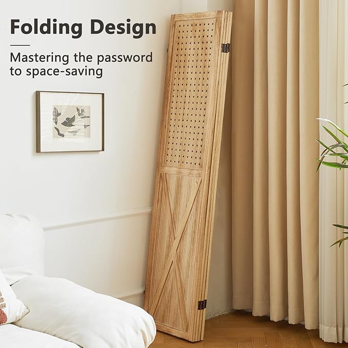 4 Panel Pegboard Wood Room Divider, 5.6Ft Pegboard Display Folding Privacy Screens, Peg Board Display Freestanding for Trade Show Craft Show Home Wall Organizer, Light Brown-Ruum Studio Home
