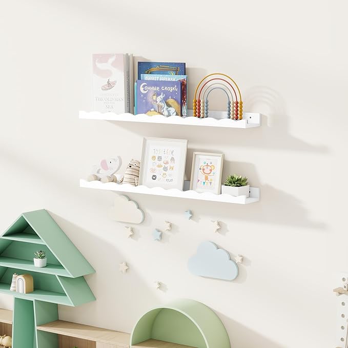 Fun Memories Picture Ledge Shelf for Wall, 36 inch Pine Wood Nursery Book Shelves Set of 2- Wall Book Shelves for Kids Room, Home Decor - Kitchen Spice-White-Ruum Studio Home