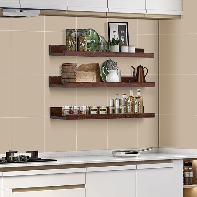 AZSKY Walnut Floating Shelves 24 Inch Picture Ledge Shelf for Wall Photo Shelves with Lip for Pictures Nursery Room Bookshelf Wood Wall Shelves Set of 3 for Bedroom Living Room Bathroom Kitchen-Ruum Studio Home
