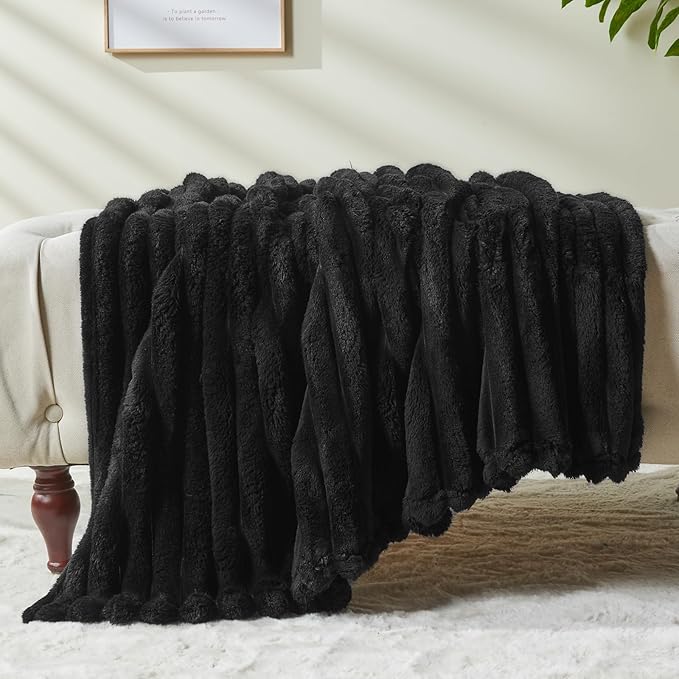 NEWCOSPLAY Super Soft Throw Blanket Black Premium Silky Flannel Fleece 3D Ribbed Jacquard Lightweight Bed Blanket All Season Use (Black Ribbed, Throw(50"x60"))-Ruum Studio Home
